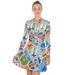 Travel Pattern Immigration Stamps Stickers With Historical Cultural Objects Travelling Visa Immigran Long Sleeve Panel Dress by Pakemis