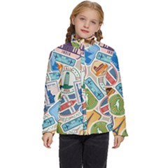 Travel Pattern Immigration Stamps Stickers With Historical Cultural Objects Travelling Visa Immigran Kids  Puffer Bubble Jacket Coat by Pakemis