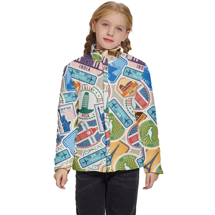 Travel Pattern Immigration Stamps Stickers With Historical Cultural Objects Travelling Visa Immigran Kids  Puffer Bubble Jacket Coat