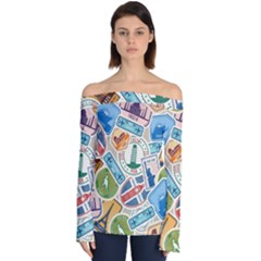 Travel Pattern Immigration Stamps Stickers With Historical Cultural Objects Travelling Visa Immigran Off Shoulder Long Sleeve Top by Pakemis