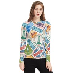 Travel Pattern Immigration Stamps Stickers With Historical Cultural Objects Travelling Visa Immigran Women s Long Sleeve Rash Guard by Pakemis