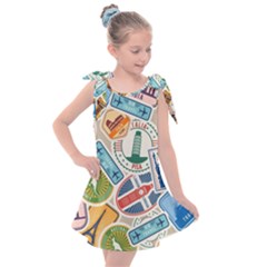 Travel Pattern Immigration Stamps Stickers With Historical Cultural Objects Travelling Visa Immigran Kids  Tie Up Tunic Dress by Pakemis