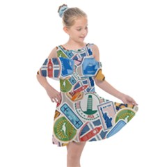 Travel Pattern Immigration Stamps Stickers With Historical Cultural Objects Travelling Visa Immigran Kids  Shoulder Cutout Chiffon Dress by Pakemis