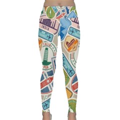 Travel Pattern Immigration Stamps Stickers With Historical Cultural Objects Travelling Visa Immigran Lightweight Velour Classic Yoga Leggings