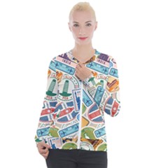 Travel Pattern Immigration Stamps Stickers With Historical Cultural Objects Travelling Visa Immigran Casual Zip Up Jacket by Pakemis