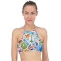 Travel Pattern Immigration Stamps Stickers With Historical Cultural Objects Travelling Visa Immigran Racer Front Bikini Top View1