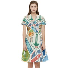 Travel Pattern Immigration Stamps Stickers With Historical Cultural Objects Travelling Visa Immigran Short Sleeve Waist Detail Dress by Pakemis