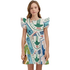 Travel Pattern Immigration Stamps Stickers With Historical Cultural Objects Travelling Visa Immigran Kids  Winged Sleeve Dress by Pakemis