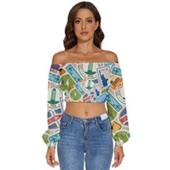 Travel Pattern Immigration Stamps Stickers With Historical Cultural Objects Travelling Visa Immigran Long Sleeve Crinkled Weave Crop Top