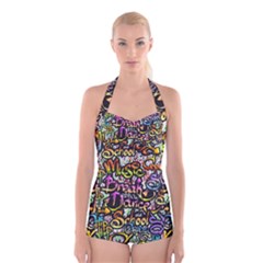 Graffiti Word Seamless Pattern Boyleg Halter Swimsuit  by Pakemis