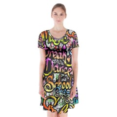 Graffiti Word Seamless Pattern Short Sleeve V-neck Flare Dress by Pakemis