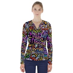 Graffiti Word Seamless Pattern V-neck Long Sleeve Top by Pakemis