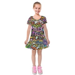 Graffiti Word Seamless Pattern Kids  Short Sleeve Velvet Dress by Pakemis