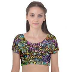 Graffiti Word Seamless Pattern Velvet Short Sleeve Crop Top  by Pakemis