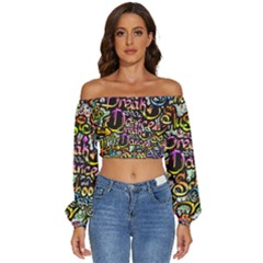 Graffiti Word Seamless Pattern Long Sleeve Crinkled Weave Crop Top