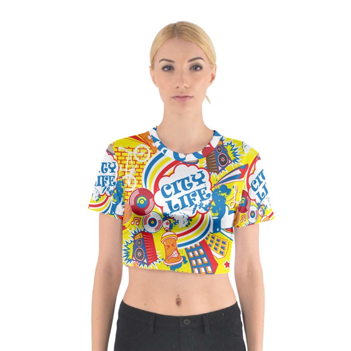 Colorful City Life Horizontal Seamless Pattern Urban City Cotton Crop Top