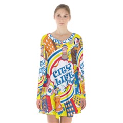 Colorful City Life Horizontal Seamless Pattern Urban City Long Sleeve Velvet V-neck Dress