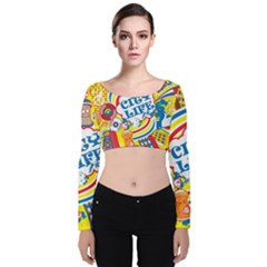 Colorful City Life Horizontal Seamless Pattern Urban City Velvet Long Sleeve Crop Top