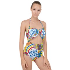 Colorful City Life Horizontal Seamless Pattern Urban City Scallop Top Cut Out Swimsuit by Pakemis