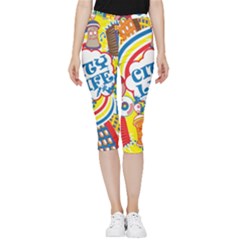 Colorful City Life Horizontal Seamless Pattern Urban City Inside Out Lightweight Velour Capri Leggings 