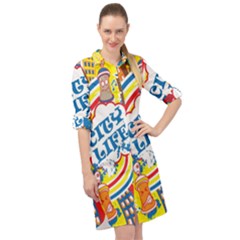 Colorful City Life Horizontal Seamless Pattern Urban City Long Sleeve Mini Shirt Dress by Pakemis