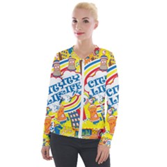 Colorful City Life Horizontal Seamless Pattern Urban City Velvet Zip Up Jacket by Pakemis