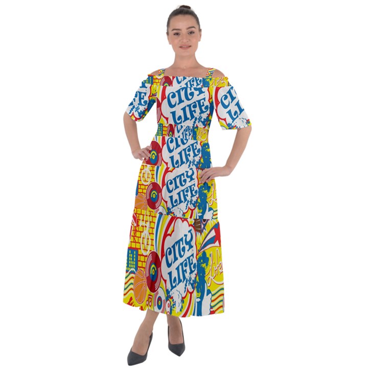 Colorful City Life Horizontal Seamless Pattern Urban City Shoulder Straps Boho Maxi Dress 