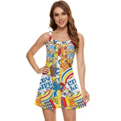 Colorful City Life Horizontal Seamless Pattern Urban City Ruffle Edge Bra Cup Chiffon Mini Dress