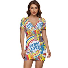 Colorful City Life Horizontal Seamless Pattern Urban City Low Cut Cap Sleeve Mini Dress