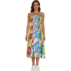 Colorful City Life Horizontal Seamless Pattern Urban City Sleeveless Shoulder Straps Boho Dress