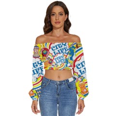 Colorful City Life Horizontal Seamless Pattern Urban City Long Sleeve Crinkled Weave Crop Top