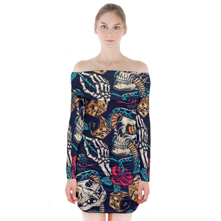 Vintage Art Tattoos Colorful Seamless Pattern Long Sleeve Off Shoulder Dress