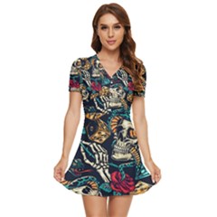 Vintage Art Tattoos Colorful Seamless Pattern V-neck High Waist Chiffon Mini Dress