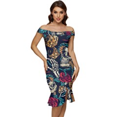 Vintage Art Tattoos Colorful Seamless Pattern Off Shoulder Ruffle Split Hem Bodycon Dress