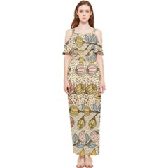 Seamless Pattern With Flower Bird Draped Sleeveless Chiffon Jumpsuit by Pakemis