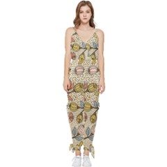 Seamless Pattern With Flower Bird Sleeveless Tie Ankle Chiffon Jumpsuit by Pakemis