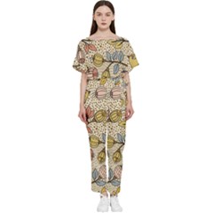 Seamless Pattern With Flower Bird Batwing Lightweight Chiffon Jumpsuit by Pakemis