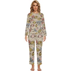 Seamless Pattern With Flower Bird Womens  Long Sleeve Lightweight Pajamas Set