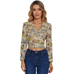 Seamless Pattern With Flower Bird Long Sleeve V-neck Top