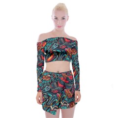 Vintage Tattoos Colorful Seamless Pattern Off Shoulder Top With Mini Skirt Set by Pakemis