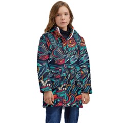 Vintage Tattoos Colorful Seamless Pattern Kid s Hooded Longline Puffer Jacket by Pakemis