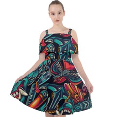 Vintage Tattoos Colorful Seamless Pattern Cut Out Shoulders Chiffon Dress by Pakemis