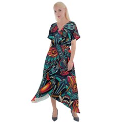 Vintage Tattoos Colorful Seamless Pattern Cross Front Sharkbite Hem Maxi Dress