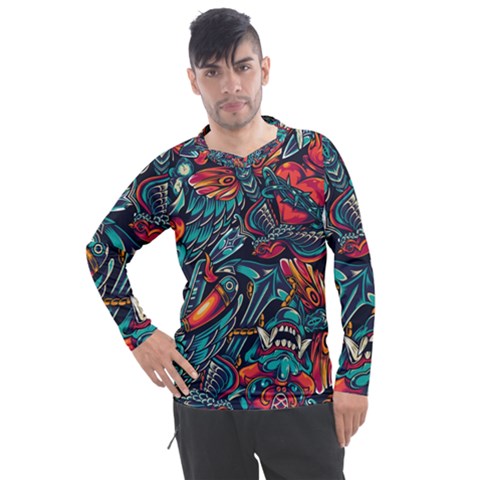 Vintage Tattoos Colorful Seamless Pattern Men s Pique Long Sleeve Tee by Pakemis