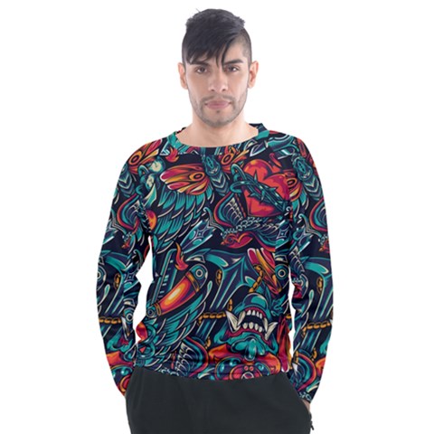 Vintage Tattoos Colorful Seamless Pattern Men s Long Sleeve Raglan Tee by Pakemis