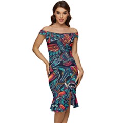 Vintage Tattoos Colorful Seamless Pattern Off Shoulder Ruffle Split Hem Bodycon Dress