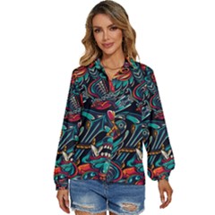 Vintage Tattoos Colorful Seamless Pattern Women s Long Sleeve Button Down Shirt