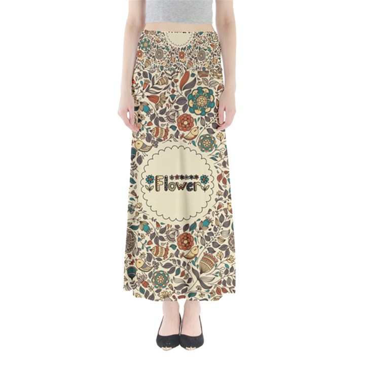 Seamless Pattern With Flower Birds Full Length Maxi Skirt