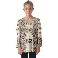 Seamless Pattern With Flower Birds Kids  V Neck Casual Top