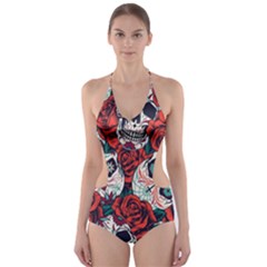 Vintage Day Dead Seamless Pattern Cut-out One Piece Swimsuit